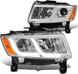 DNA Motoring HL-HPL-JGC14-CH-AM For 2014 to 2016 Jeep Grand Cherokee LED DRL Projector Headlight Chrome Housing Amber Corner Headlamp 12 Left + Right