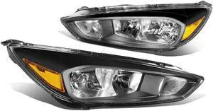 DNA MOTORING HL-OH-FF16-BK-AM For 2015 to 2018 Ford Focus Pair Headlight Black Housing Amber Side Headlamp 3rd gen 16 17 Left + Right