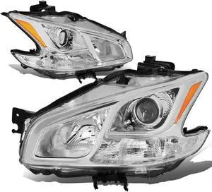 DNA Motoring HL-OH-NM09-CH-AM For 2009 to 2014 Nissan Maxima Pair Projector Headlight Chrome Housing Amber Side Headlamps 10 11 12 13 Left + Right
