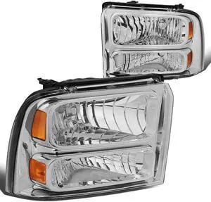 DNA Motoring HL-OH-FSUPER05-CH-AM For 2005 to 2007 Ford F250 F350 F450 F550 Super Duty Headlight Chrome Housing Clear Corner Headlamp 06 Left + Right