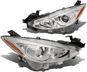 DNA Motoring HL-OH-MM314-CH-AM For 2013 to 2017 Mazda 3 Pair OE Style Projector Headlight Chrome Housing Amber Corner Headlamps 14 15 16 Left + Right