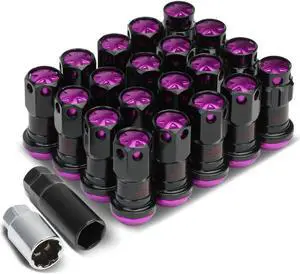 DNA Motoring LN-ZTL-9016-125-PP M12 x 1.25 Closed End 16PC Aluminum Alloy Wheel Lug Nuts + 4 x Lock Nut + 1 x Key (Purple Accents / Black Body)