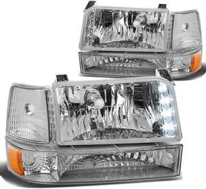 For 1992 to 1996 Ford F150 F250 F350 Bronco 6Pcs LED DRL Headlight+Corner/Side Marker Lamps Chrome/Amber 5 Gen 93 94 95 Left + Right