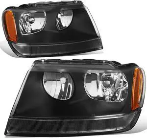 DNA Motoring HL-OH-JGC99-BK-AM For 1999 to 2004 Jeep Grand Cherokee Black Housing Amber Corner Headlight Headlamps WJ 00 01 02 03 Left + Right