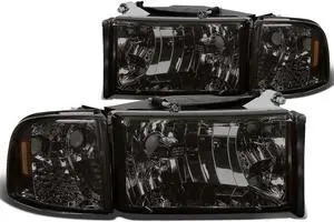 DNA Motoring HL-OH-DR944P-SM-AM For 1994 to 2002 Dodge Ram Truck 1500 2500 3500 Headlight+Corner Lamp Smoked Housing Amber Side 95 96 97 98 99 00 01 Left + Right