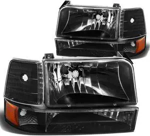 DNA Motoring HL-OH-F15092-6P-BK-AM For 1992 to 1996 Ford F150 F250 F350 Bronco 6Pcs Headlight+Corner/Side Marker Lamps Black/Amber 5 Gen 93 94 95 Left + Right