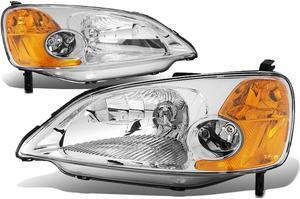 DNA Motoring HL-OH-HC01-CH-AM For 2001 to 2003 Honda Civic OE Style Headlight Chrome Housing Amber Corner Headlamp EM ES 02 Left + Right