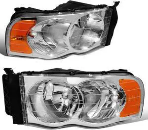 DNA Motoring HL-OH-DR02-CH-AM For 2002 to 2005 Dodge Ram Truck 1500 2500 3500 Chrome Housing Amber Corner Headlight Headlamp 3rd Gen 03 04