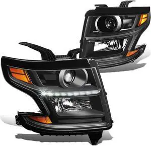 DNA Motoring HL-OH-CSUB15-BK-AM For 2015 to 2017 Chevy Tahoe Suburban Pair LED DRL Strip Projector Headlight Black Housing Amber Corner Headlamp 16 Left + Right