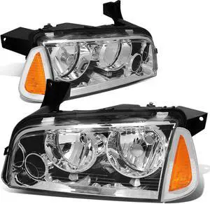 DNA Motoring HL-OH-CHA05-4P-CH-AM For 2006 to 2010 Dodge Charger LX 4pcs Chrome Housing Clear Lens Headlight+Amber Corner Signal Lamp 07 08 09 Left + Right