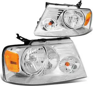 DNA Motoring HL-OH-F1504-CH-AM For 2004 to 2008 Ford F150 11th Gen Chrome Housing Amber Corner Headlight Headlamp 05 06 07 Left + Right