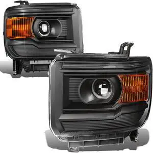 DNA Motoring HL-OH-GMCS14-BK-AM For 2014 to 2017 GMC Sierra 1500 2500HD 3500HD Pair Projector Headlight Black Housing Amber Corner Headlamp 3rd Gen 15 16 Left + Right