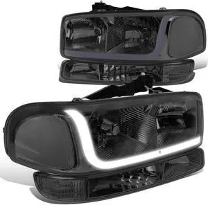 DNA Motoring HL-LB-SIERRA99-SM-CL1 For 1999 to 2007 GMC Sierra 1500 2500 3500 Yukon LED DRL Light Bar Headlight+Bumper Lamp Black Housing Smoked Lens Clear Corner 00 01 02 03 04 05 06 4Pcs