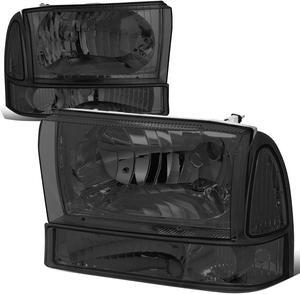 DNA Motoring HL-OH-F99SD4P-SM-CL1 For 2000 to 2004 Ford F250 F350 F450 F550 Super Duty Excusion 4pcs Headlight+Bumper Lamp Kit Smoked Housing Clear Side 01 02 03