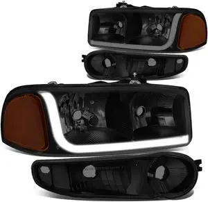 DNA Motoring HL-LB-DAN99-BK-SM-AM For 2001 to 2007 GMC Sierra 1500 Classic Yukon Denali LED DRL Light Bar Headlight+Bumper Lamp Black Housing Smoked Lens Amber Corner 02 03 04 05 06