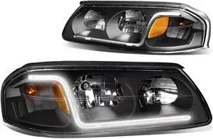 DNA Motoring HL-LB-CI00-BK-AM For 2000 to 2005 Chevy Impala LED DRL Light Bar Headlight Black Housing Amber Corner Headlamp 01 02 03 04 Left + Right
