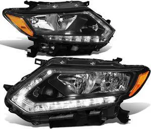 DNA Motoring HL-OH-NROG14-BK-AM For 2014 to 2016 Nissan Rogue Pair Black Housing Amber Side LED DRL Strip Front Driving HeadLight Headlamp 15