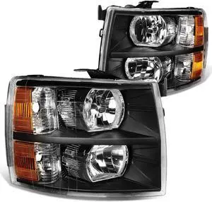 DNA Motoring HL-OH-CSIL07-BK-AM For 2007 to 2013 Chevy Silverado 1500 2500HD 3500HD Headlight Black Housing Amber Corner Headlamp 08 09 10 11 12 Left + Right