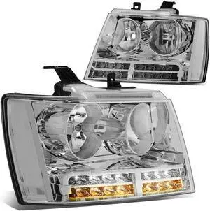 DNA Motoring HL-LED-CSA07-CH-CL1 For 2007 to 2014 Chevy Tahoe Suburban Avalanche LED DRL+Turn Signal Projector Headlight Lamps Chrome Housing Clear Corner 08 09 10 11 12 13