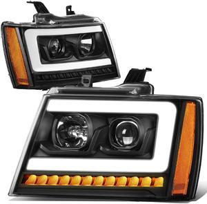 DNA Motoring HL-HPL-CSA07-BK-AM For 2007 to 2014 Chevy Tahoe Suburban/Avalanche LED DRL+Sequential Turn Signal Projector Headlight Lamps Black Housing Amber Corner 08 09 10 11 12 13
