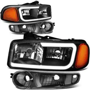 DNA Motoring HL-LB2-DAN99-BK-AM For 2000 to 2006 GMC Yukon XL Sierra Denali Model 3D LED DRL Headlight+Turn Signal Bumper Lamps Black Housing Amber Corner 01 02 03 04 05