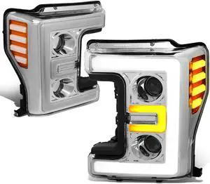 DNA Motoring HL-LB-F25018-CH-AM For 2017 2018 2019 F250 F350 F450 F550 Super Duty LED DRL Running Light Turn Signal Dual Projector Headlights, Chrome Housing Amber Corner, Driver and Passenger Side