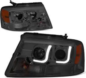 For 04-08 Ford F150 Pair of Smoked Lens Amber Corner 3D LED Halo U-Bar DRL Projector Headlights 05 06 07