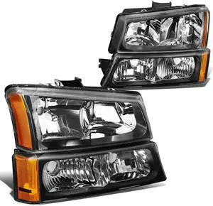 DNA Motoring HL-OH-CS03-4P-BK-AM For 2003 to 2006 Chevy Silverado Avalanche 4Pcs Headlight+Bumper Lamp Black Housing Amber Corner 1 Gen 04 05 Left + Right