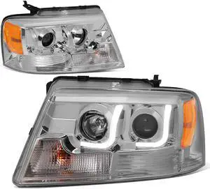 For 04-08 Ford F150 Pair of Chrome Housing Amber Corner 3D LED Halo U-Bar DRL Projector Headlights 05 06 07