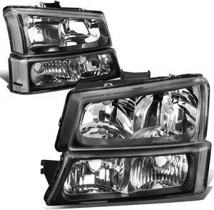 DNA Motoring HL-OH-CS03-4P-BK-CL1 For 2003 to 2006 Chevy Silverado Avalanche 4Pcs Headlight+Bumper Lamp Black Housing Clear Corner 1 Gen 04 05 Left + Right