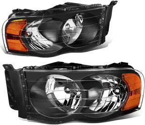 DNA Motoring HL-OH-DR02-BK-AM For 2002 to 2005 Dodge Ram Truck 1500 2500 3500 Black Housing Amber Corner Headlight Headlamp 3rd Gen 03 04