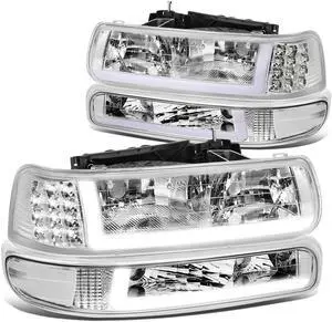 DNA Motoring HL-LB-CSIL99-CH-CL1 For 1999 to 2002 Chevy Silverado 2000 to 2006 Suburban 1500 2500 Tahoe LED DRL Headlight Bumper Signal Lamps Chrome/Clear 01 03 04 05