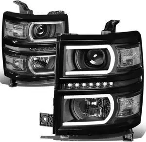 DNA Motoring HL-LB-CS15-BK-CL1 For 2014 to 2015 Chevy Silverado 1500 LED U Tube+DRL Light Bar Projector Headlight Black Housing Clear Corner Headlamp Left + Right