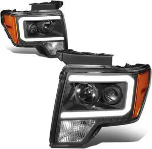 DNA Motoring HL-LB-F15009-BK-AM For 2009 to 2014 Ford F-150 Pair Black Housing Amber Corner LED DRL Tube Projector Headlight Headlamps 10 11 12 13