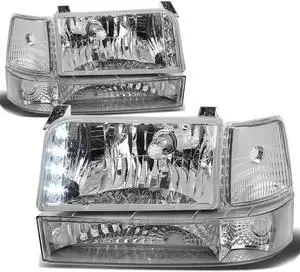 DNA Motoring HL-OH-F15092-6P-LED-CH-CL1 For 1992 to 1996 Ford F150 F250 F350 Bronco 6Pcs LED DRL Headlight+Corner/Side Marker Lamps Chrome/Clear 5 Gen 93 94 95 Left + Right