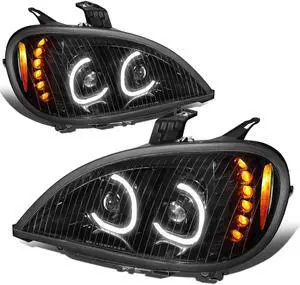 DNA Motoring HL-HAY-003-BK For 2004 to 2017 Freightliner Columbia Pair LED DRL + Dual Projector Headlight Lamp 05 06 07 08 09 10 11 12 13 14 15 16