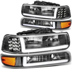 DNA Motoring HL-LB-CSIL99-BK-AM For 1999 to 2002 Chevy Silverado 2000 to 2006 Suburban 1500 2500 Tahoe LED DRL Headlight Bumper Signal Lamps Black/Amber 01 03 04 05