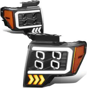DNA Motoring HL-LB-T8-F15009-BK-AM For 2009 to 2014 Ford F-150 Pair Black Housing Amber Corner LED DRL Tube Quad Projector Halo Headlight Lamps 10 11 12 13