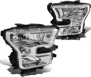 DNA Motoring HL-OH-F15015-CH-CL1 For 2015 to 2017 Ford F150 13th Gen OE Style Headlight Chrome Housing Clear Side Headlamp 16 Left + Right