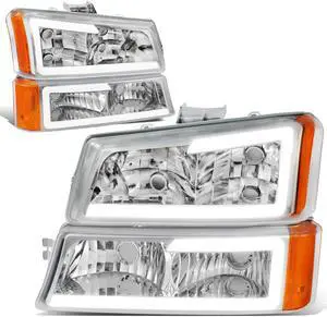 DNA Motoring HL-LB-CSIL03-CH-AM For 2003 to 2007 Chevy Silverado 1500 2500 3500HD Classic Avalanche Pair 3D LED DRL Bar Headlight + Bumper Lamps Chrome / Amber 04 05 06