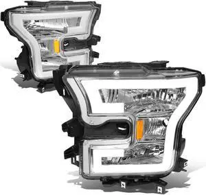 DNA Motoring HL-LB-F15015-CH-AM For 2015 to 2017 Ford F150 3D LED DRL Tube Running Strip Headlight Chrome Housing Amber Corner Headlamp 16 Left + Right
