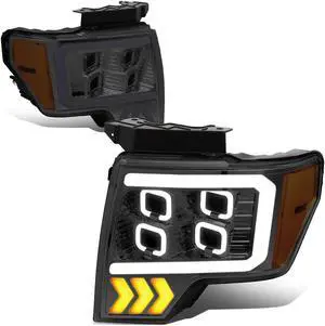 DNA Motoring HL-LB-T8-F15009-SM-AM For 2009 to 2014 Ford F-150 Pair Smoked Housing Amber Corner LED DRL Tube Quad Projector Halo Headlight Lamps 10 11 12 13