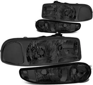DNA Motoring HL-OH-DAN994P-SM-CL1 For 2001 to 2007 GMC Sierra C3 Yukon Denali 4Pcs of Smoked Lens Clear Corner Headlights + Bumper Lamps 02 03 04 05 06 Left + Right