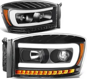 DNA Motoring HL-HPL-RM06-G-BK-AM For 2006 to 2009 Dodge Ram Truck 1500 2500 3500 Pair LED DRL+Sequential Turn Signal Projector Headlight Lamps Black Housing Amber Corner 07 08