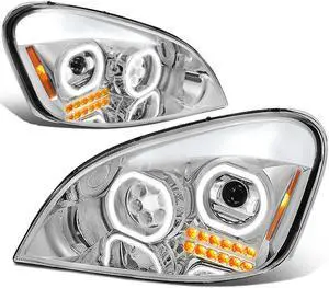 DNA Motoring HL-HAY-002-CH For 2008 to 2017 Freightliner Cascadia Chrome Housing Full LED DRL Turn Signal Halo Projector Headlight Lamp 09 10 11 12 13 14 15 16