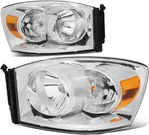 DNA Motoring HL-OH-RM06-CH-AM For 2006 to 2009 Dodge Ram Truck 1500 2500 3500 Pair Black Housing Amber Corner Front Driving Headlight Lamps 07 08 ( Chrome / Amber )