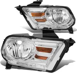 DNA Motoring HL-OH-FM10-CH-AM For 2010 to 2014 Ford Mustang S197 Pair Headlight Chrome Housing Amber Side Headlamp 10 11 12 13 Left + Right