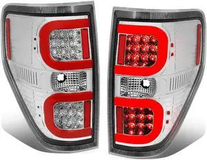 DNA Motoring TL-F15009-LED-RD3D-CH-CL For 2009 to 2014 Ford F150 Pair Dual Red LED C -Bar Tube Tail Light Rear Brake Lamps Chrome / Clear