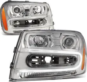 DNA Motoring HL-HPL-CTR02-CH-AM For 2002 to 2009 Chevy Trailblazer LED Daytime Running Projector Headlight Chrome Housing Amber Corner Headlamp 03 04 05 06 07 08 Left + Right