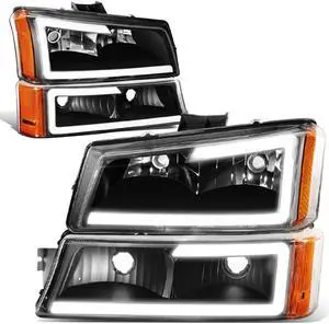 DNA Motoring HL-LB-CSIL03-BK-AM For 2003 to 2007 Chevy Silverado 1500 2500 3500HD Classic Avalanche Pair 3D LED DRL Bar Headlight + Bumper Lamps Black / Amber 04 05 06